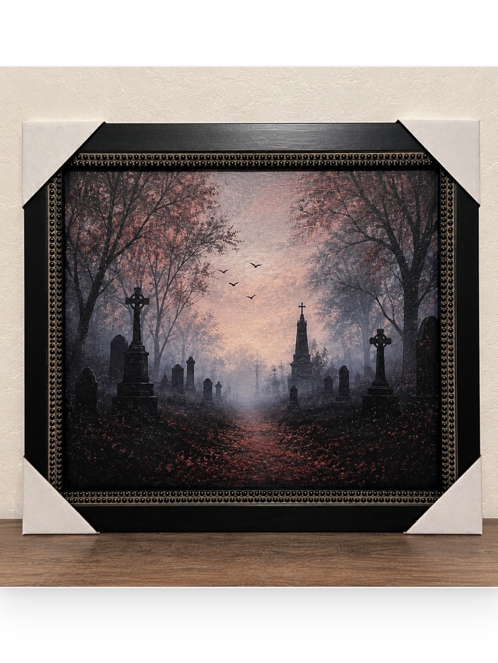 Haunted Spooky Cemetery Landscape Halloween Wall Art Print in Black Frame 15x12